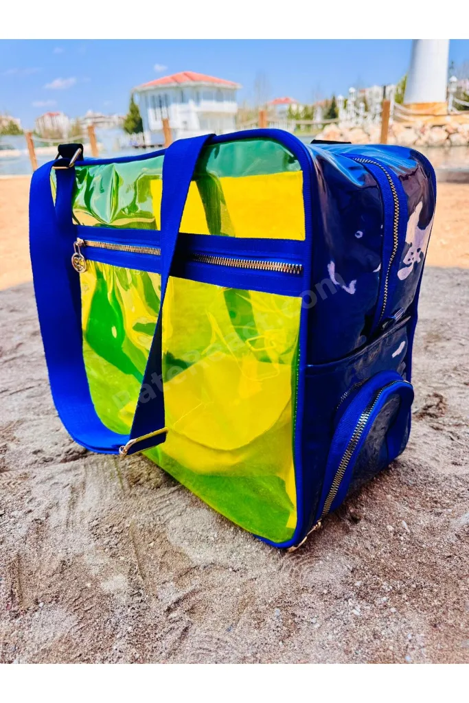 Neon Suni Deri & Renkli Şeffaf PVC Yıkanabilir Islak ve Kumlu Eşya Cebi Olan Plaj Çantası