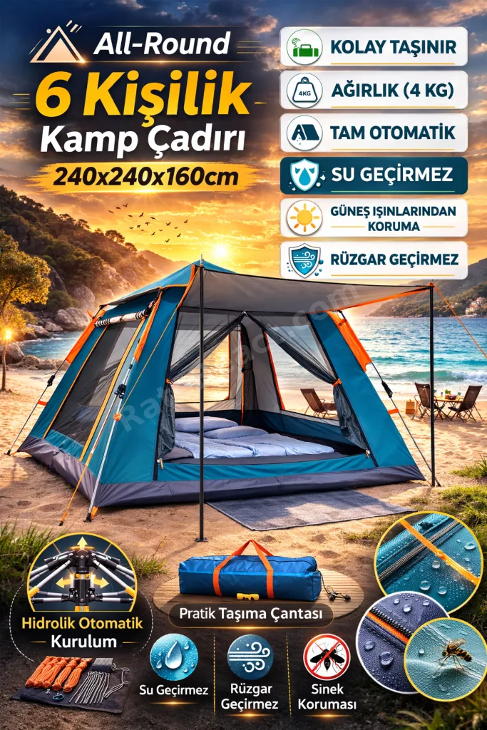 6 Kişilik Tam Otomatik Kamp Çadırı 240x240x160 cm Su Geçirmez , Gölgelikli Kolay Kurulum Çadır