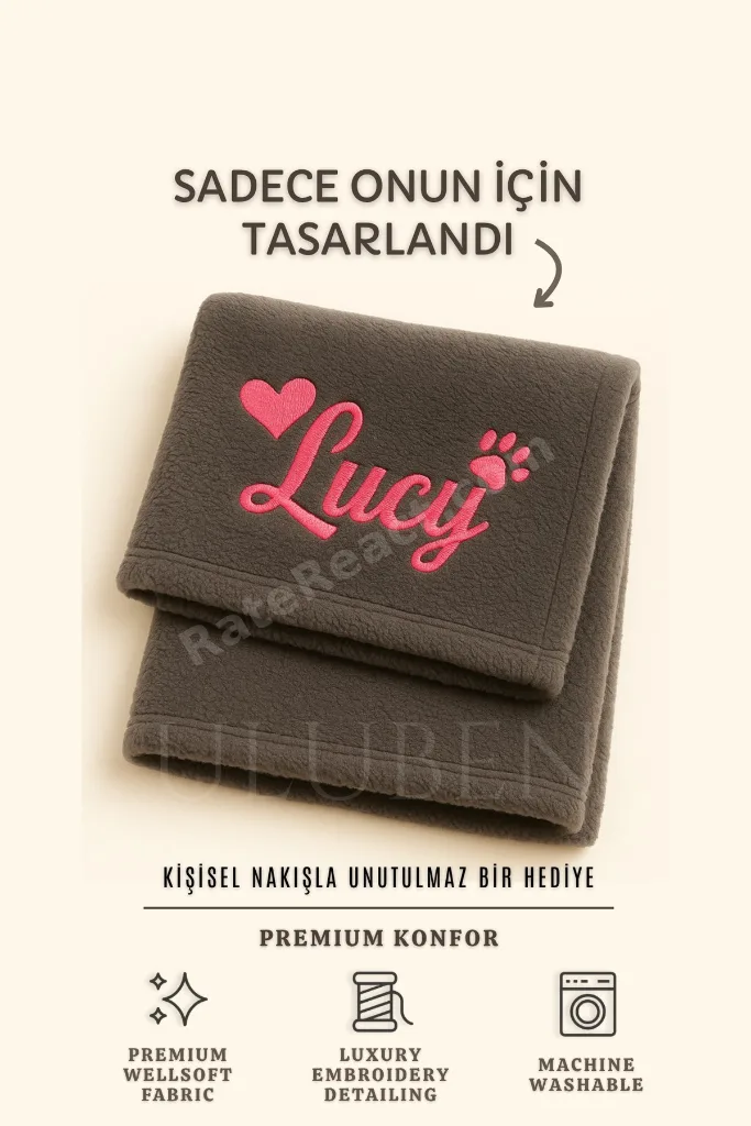 İsimli Kişiye İsme Özel Nakış İşlemeli Antrasit Gri Kedi Köpek Battaniyesi Yıkanabilir Premium Peluş