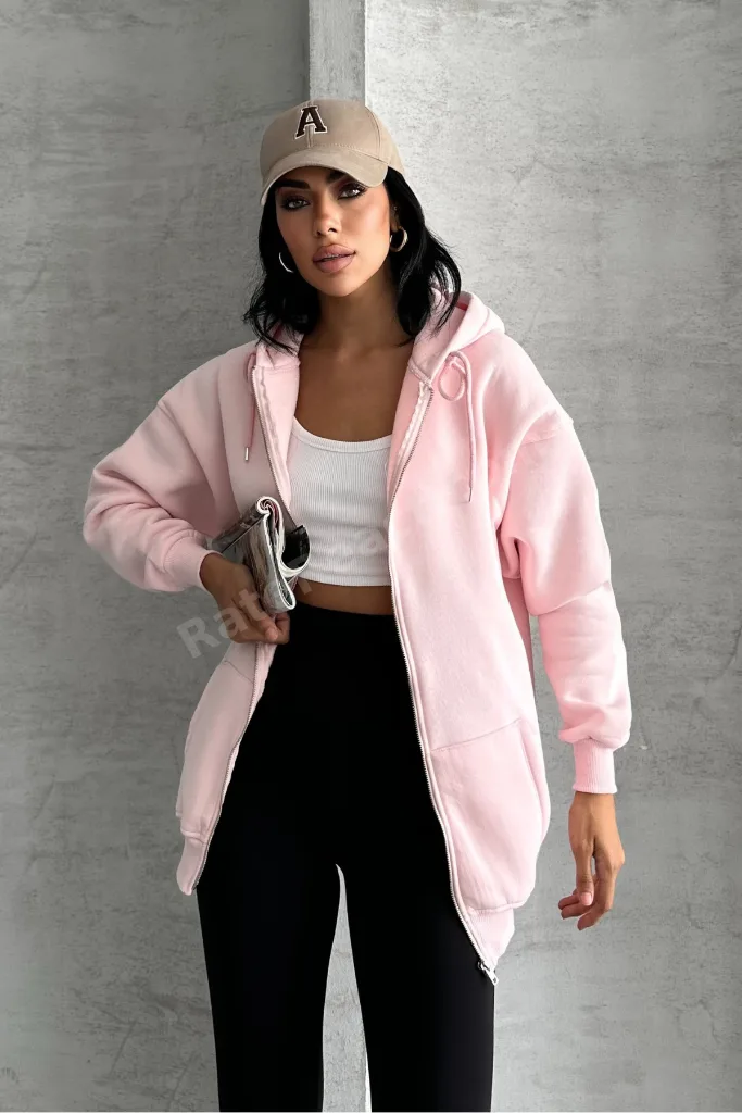 Oversize Kalıp 3 Iplik Şardonlu Metal Fermuarlı Kapşonlu Sweatshirt