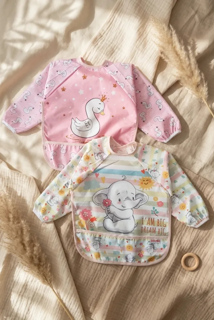2'li Paket Sıvı Geçirmez Uzun Kollu Mama Önlüğü 6-24 Ay - Blw Uyumlu Leke Tutmaz Kırıntı Cepli Bebek