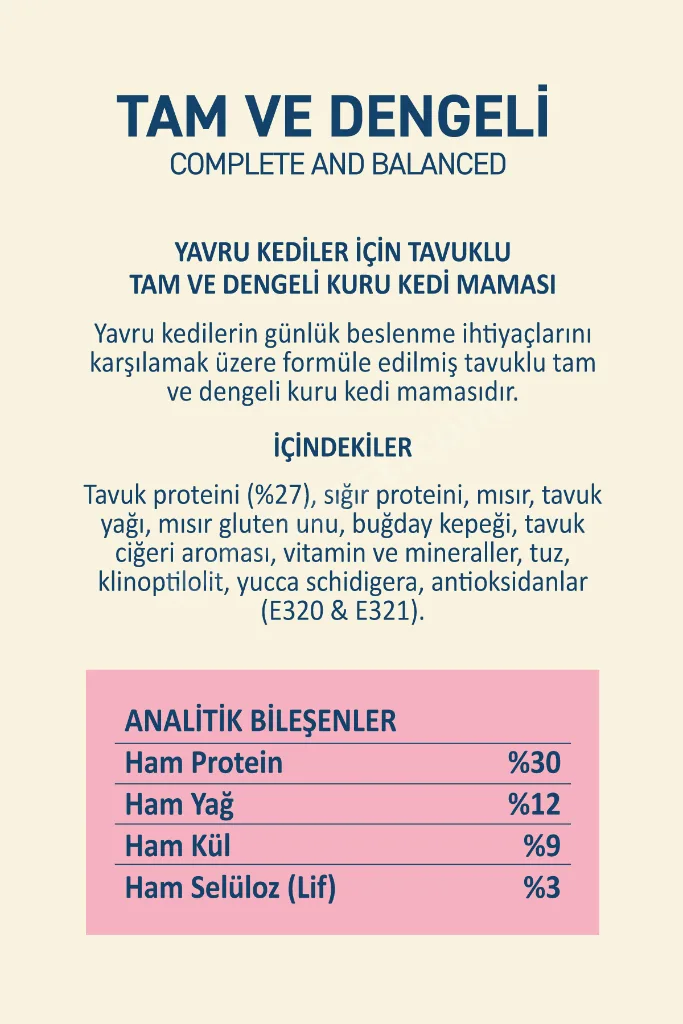 Tavuklu Kuru Yavru Kedi Maması 10 Kg - Besleyici Vitamin İlaveli Tam ve Dengeli Mama