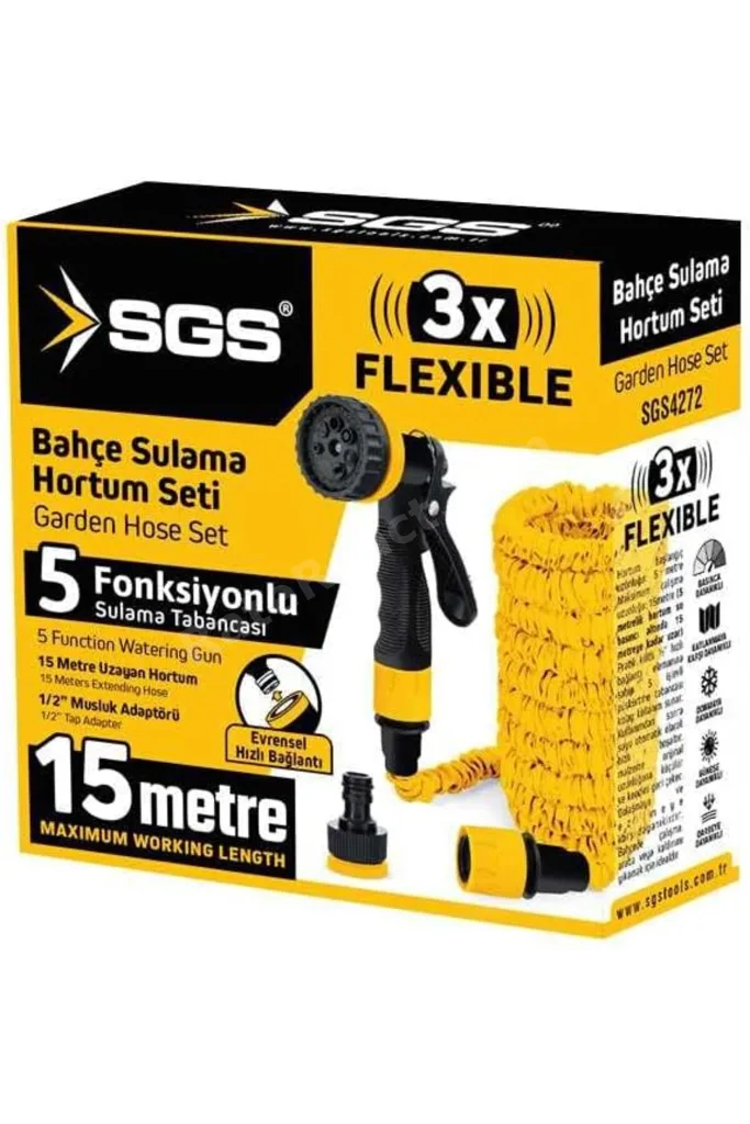 TTKTEKNOLOJİ SGS 7 Fonksiyonlu Bahçe Sulama Hortum Seti, 5-15 Metre, Çok Amaçlı Su Tabancası, Model