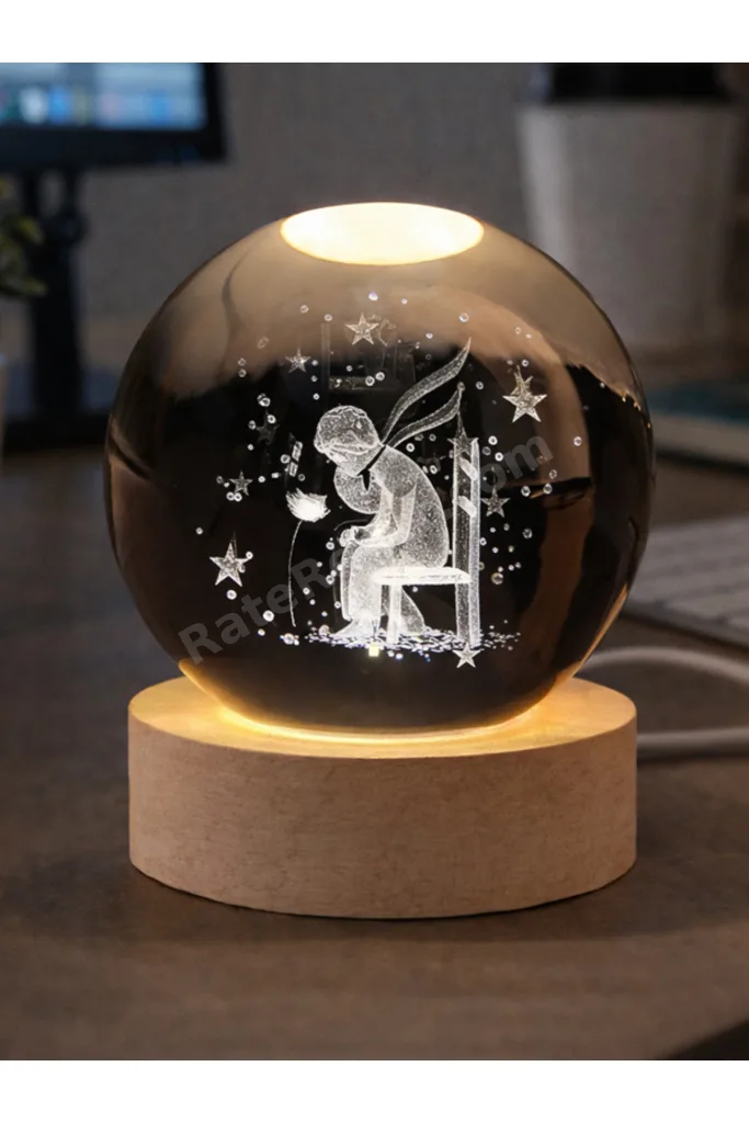 Küçük Prens Düşünen Model Ahşap Altlıklı USB LED Kristal Cam Küre Gece Lambası Dekoratif & Hediye