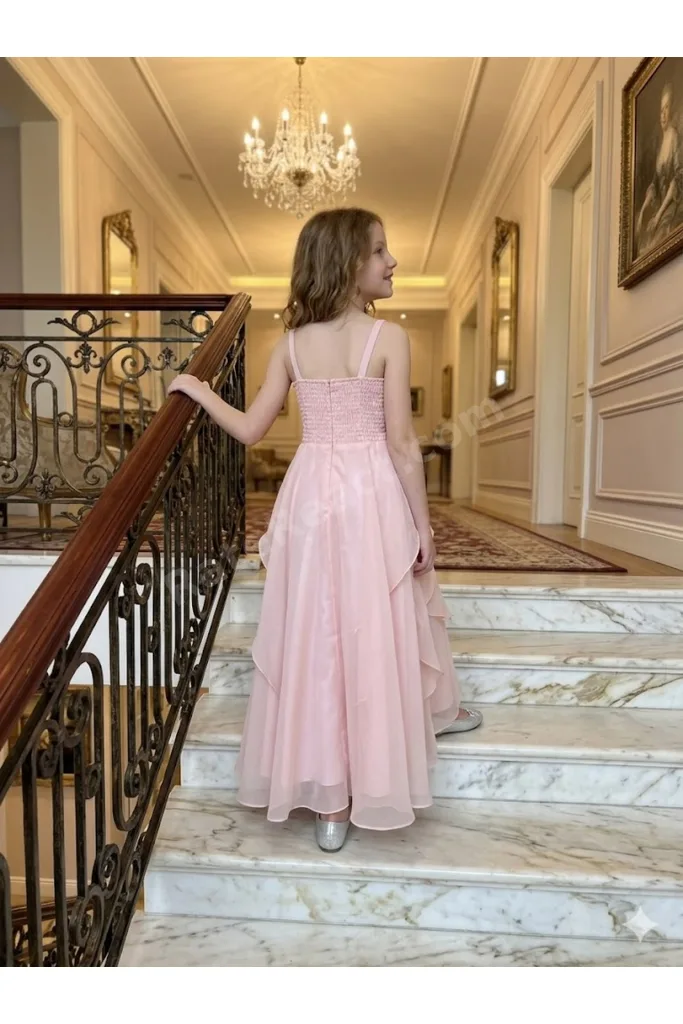 5-10 Yaş Çok Katlı Gül Detaylı Kız Çocuk Abiye Elbise
