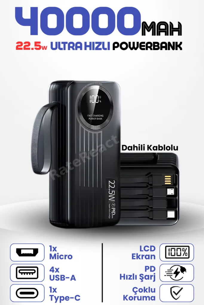 40.000 Mah 22.5W Hızlı Şarj Destekli Forefo Dahili Kablolu Taşınabilir Batarya Powerbank