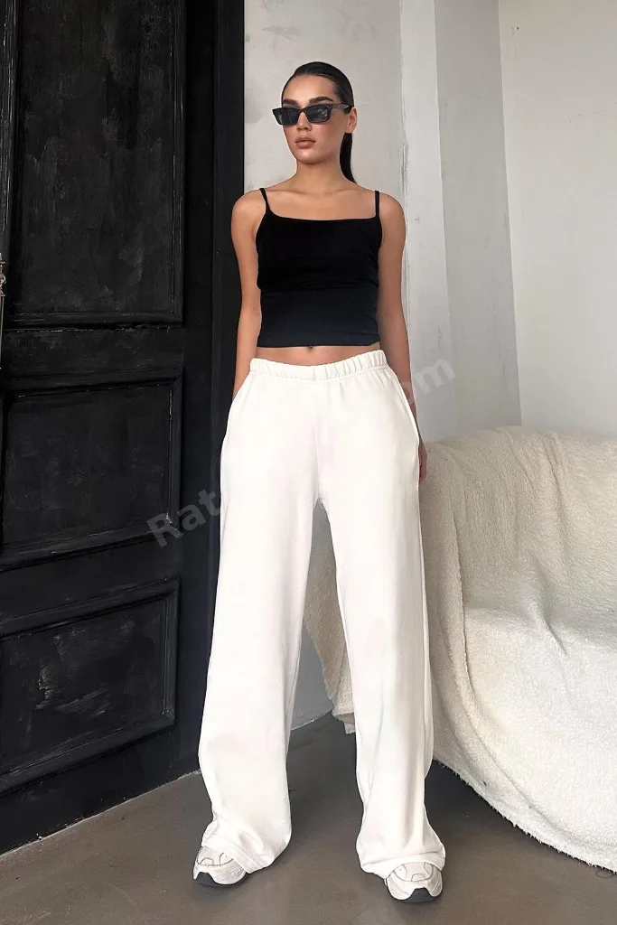 Beyaz Bol Paça Kadın Eşofman Altı MG2279