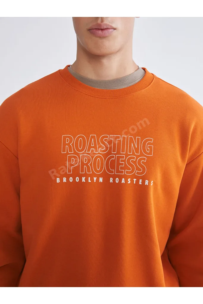 Turuncu Bisiklet Yaka Baskılı Erkek Kalın Sweatshirt