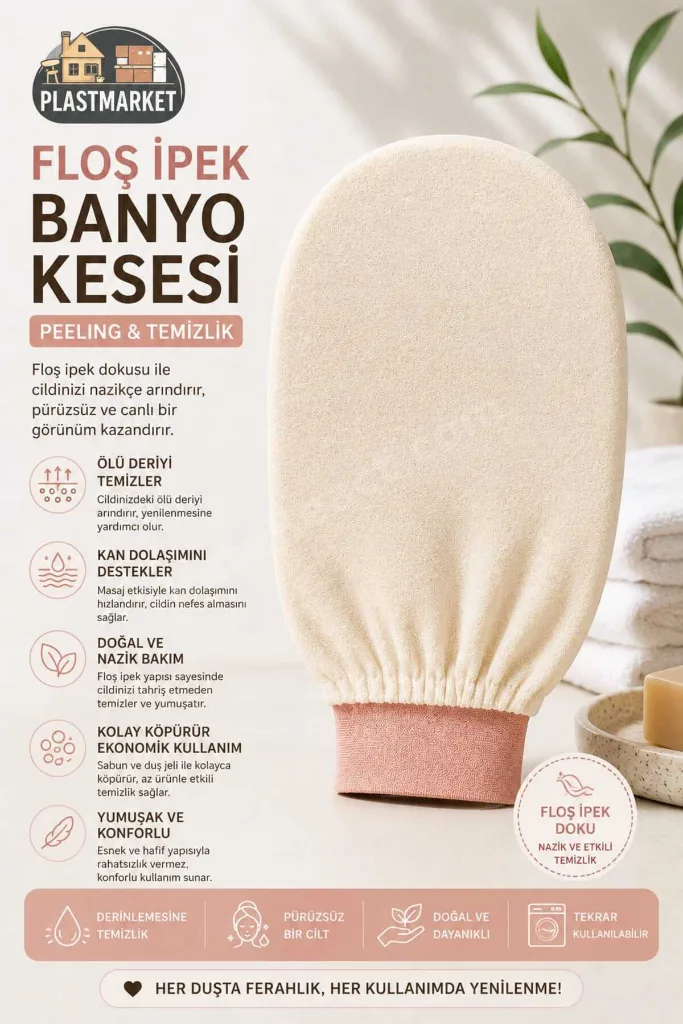 %100 Floş İpek Banyo Kesesi - Peeling Eldiveni - Hamam Kesesi - Vücut Bakım Lifi - Ölü Deri Temizleyici - Cilt Temizleme - Ekru