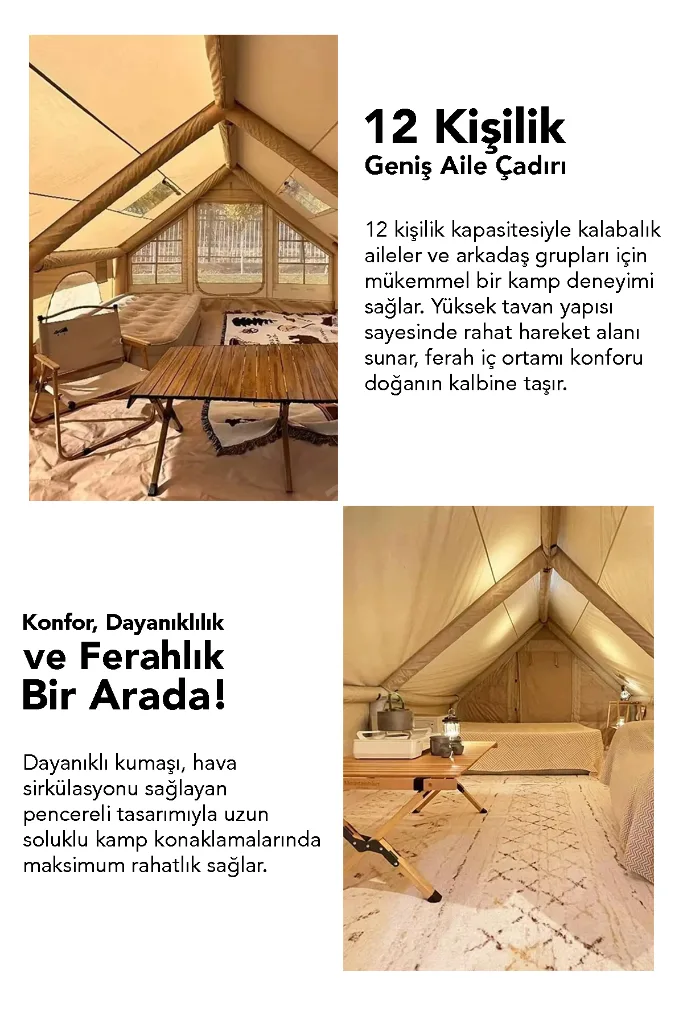 12 Kişilik Şişme Kamp Çadırı - 4 Mevsim Su Geçirmez Pencereli Kamp Çadırı 300x400 cm