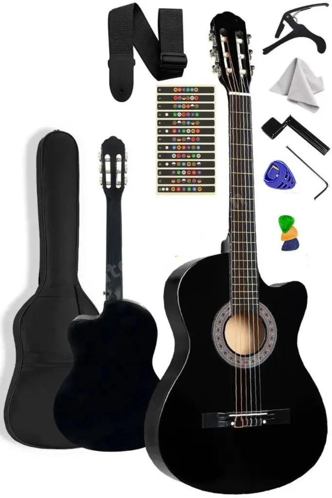 Kesik Kasa Siyah Klasik Gitar Sap Ayarlı 4/4 Tam Boy Kılıf Askı Pena Kapo Çevirici Bez