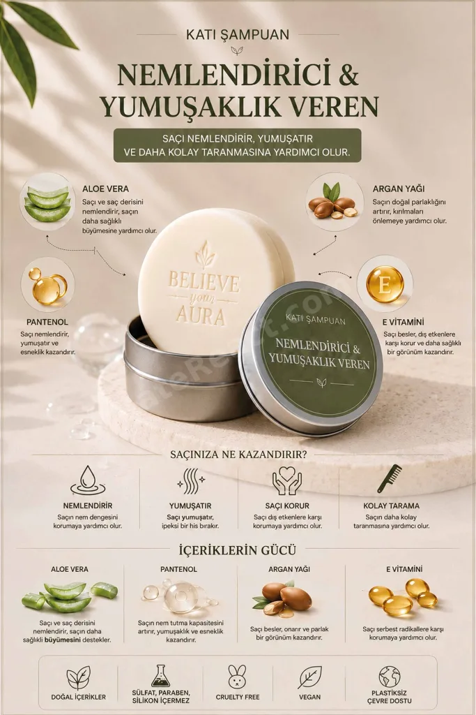 Derin Nemlendirici Yumuşatıcı Katı Şampuan - Kuru ve Kepekli Saçlar İçin Argan Yağı Aloe Vera E-Vitamini Provitamin B5 - 100 gr