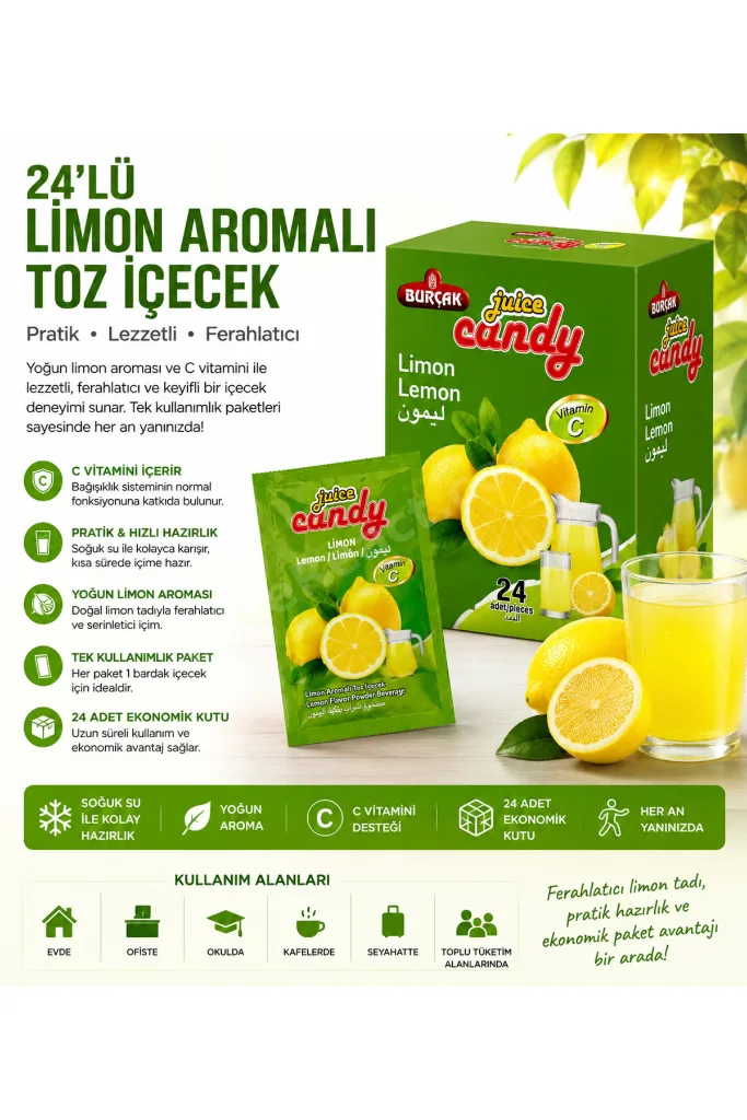 24’lü Limon Aromalı Toz İçecek 24’lü Kutu C Vitaminli Pratik Soğuk İçecek Tozu