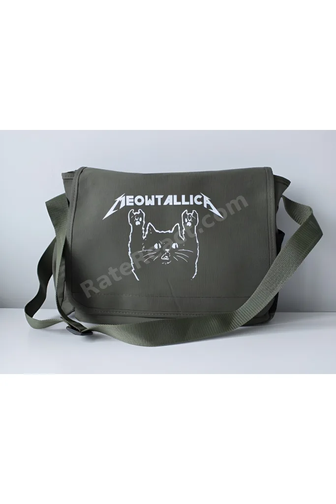 Meowtallica Baskılı Postacı Çanta/ Bag Ayarlanbilir Kemer ve Fermurlı Cepler