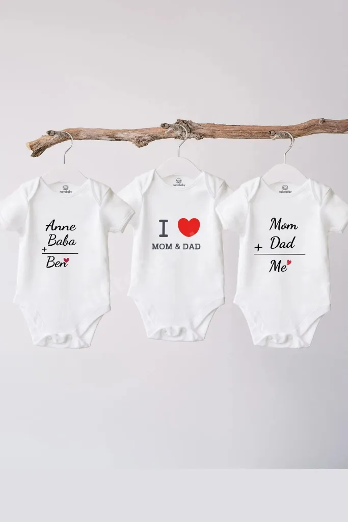 %100 Pamuklu Bebek Body - 3'lü Mom And Dad Set - Bebek Zıbın Badi - Yazılı Zıbın