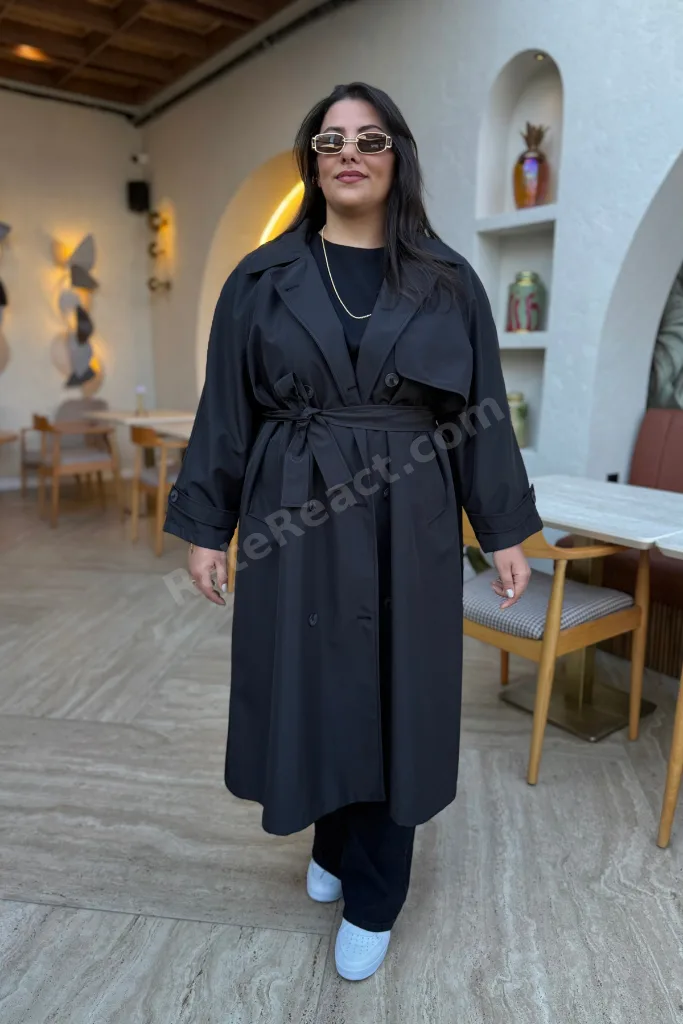Kadın Oversize Kemerli Astarlı Trençkot-Büyük Beden Trençkot- Siyah- Geniş Beden aralığı