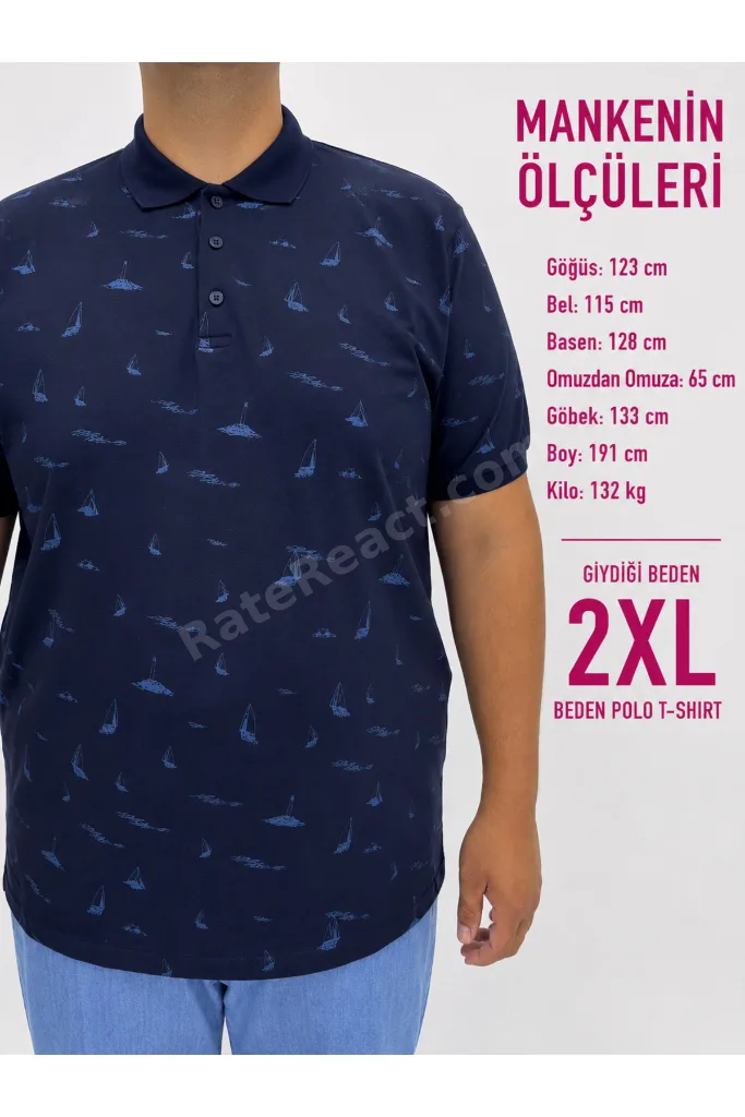 Büyük Beden Polo Yaka Düğmeli Yelken Figür Baskılı Erkek Tshirt