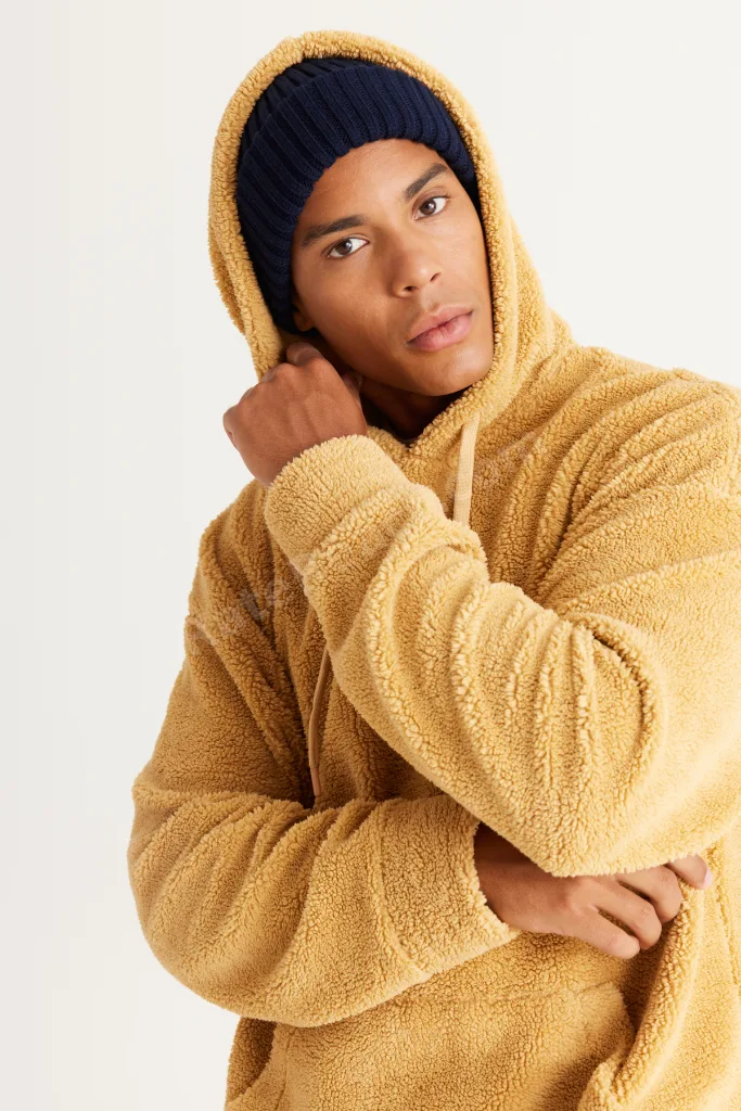 Erkek Hardal Oversize Bol Kesim Kapüşonlu Sherpa Sweatshirt Polar
