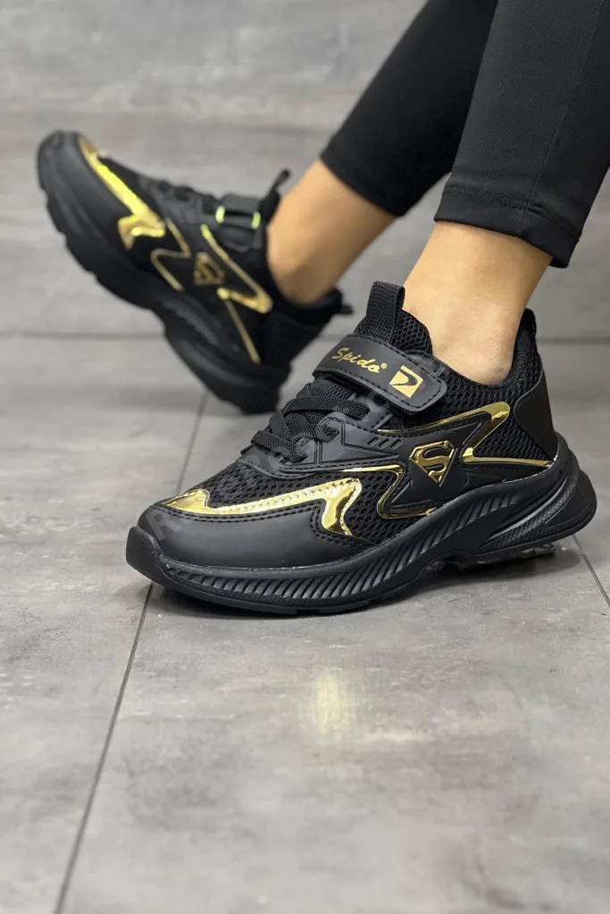 Çocuk Siyah Gold Bağcıklı Tek Cırt Cırtlı Hafif Nefes Alabilen Unisex File Sneaker Spor Ayakkabı