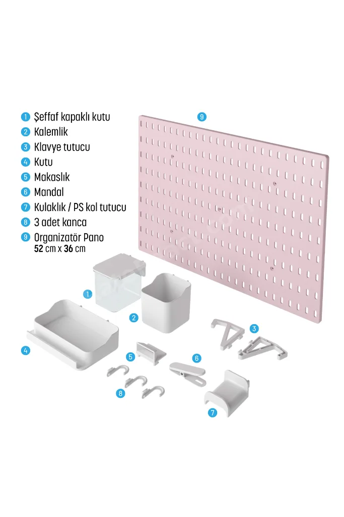 ÇOK AMAÇLI PANO ORGANİZATÖR SET 3 (52X36cm) DÜBELLİ -PANO PEMBE -AKSESUARLAR BEYAZ