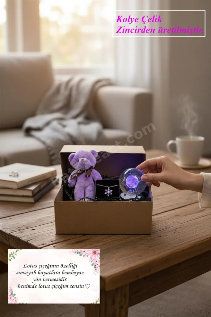 Ayıcık, Lotus Kamelya Çiçeği Kolye ve Satürn Temalı Işıklı  Dolunay 3d Led Işıklı Cam Küre Hediye