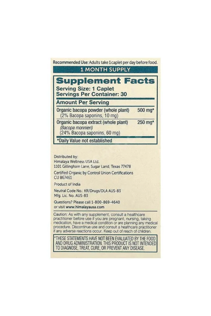 Himalaya Organic Bacopa monnieri Mental Alertness 30 Caplets