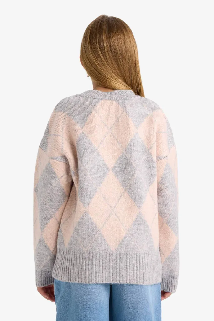 Oversize Geniş Kalıp Bisiklet Yaka Baklava Desenli Triko Kazak Kız Çocuk F5517A825WN