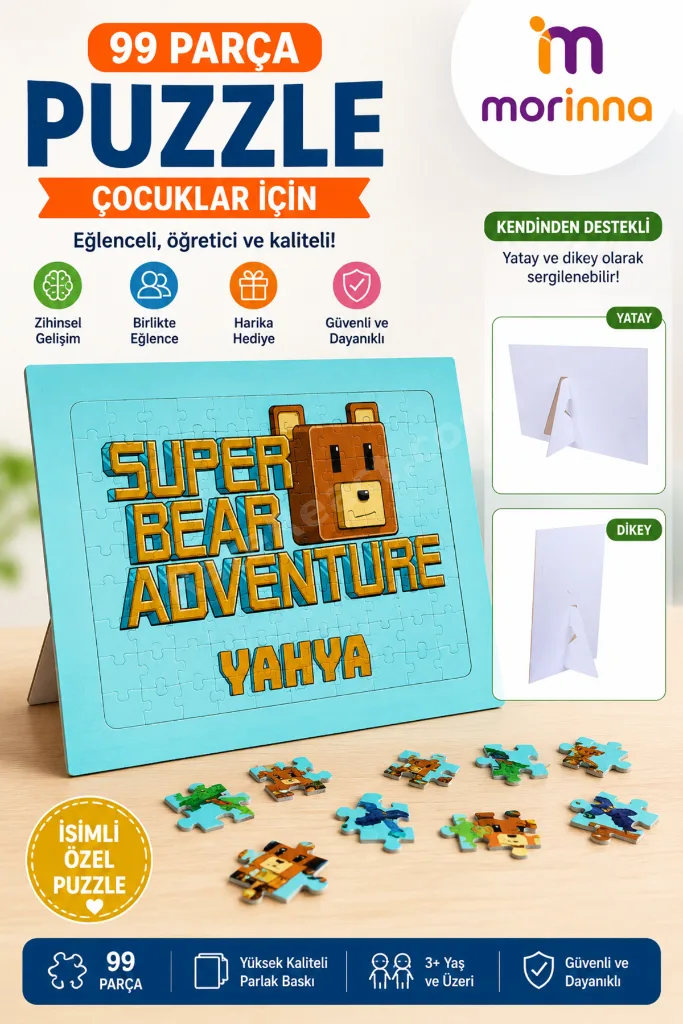 İsme Özel Super Bear Adventure Baskılı Puzzle Yapboz 99 Parça PZL-01