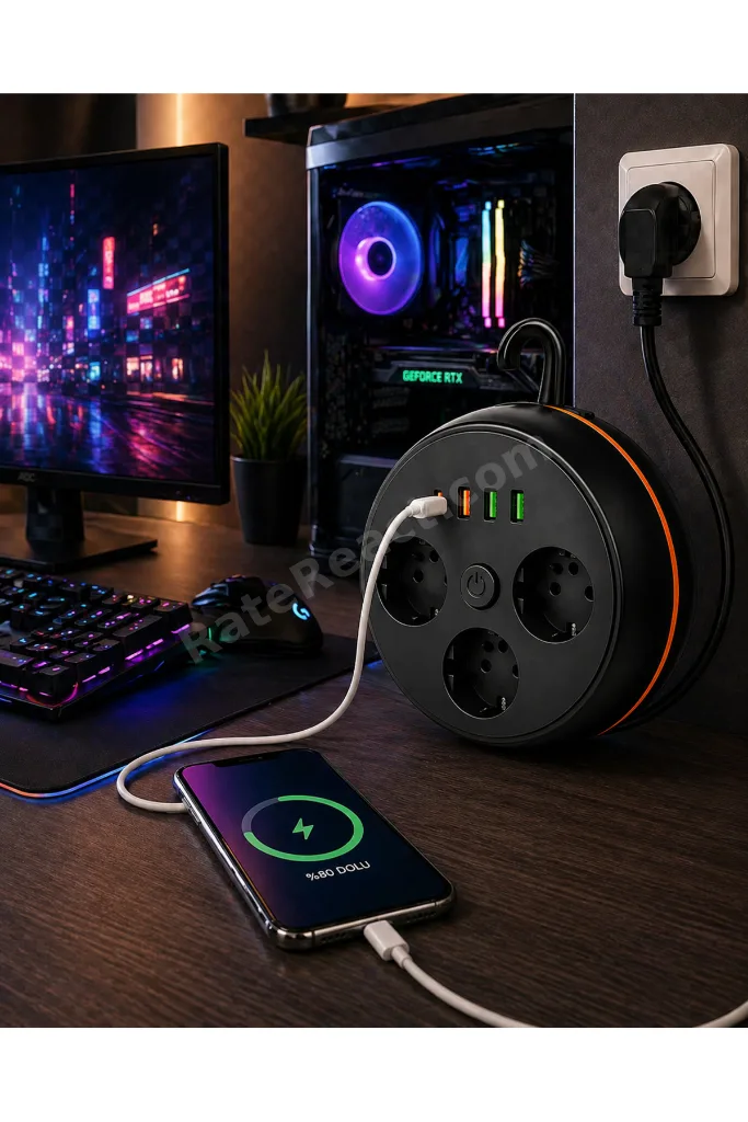 Akım Korumalı Makaralı Priz 2 Metre Kablo 3lü Çoklu Priz USB Type-C Hızlı Şarj Güvenlikli Anahtarlı