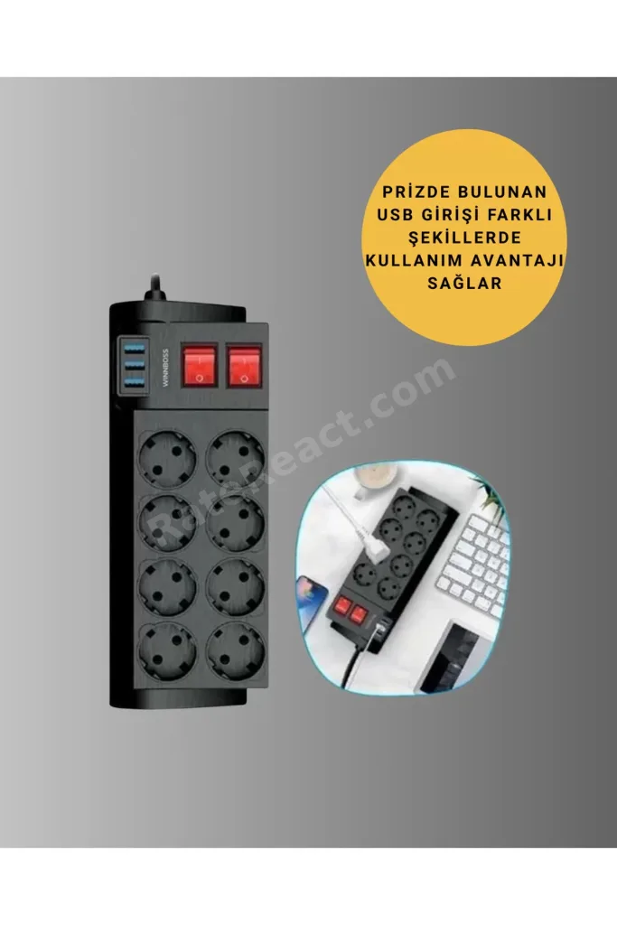 Termal Korumalı 8 Prizli 3 USB’li Uzatma Kablosu Yeni Nesil