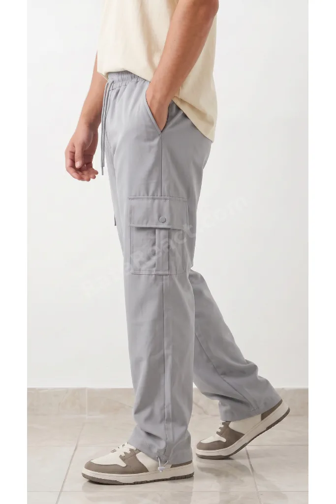 Erkek Gri Paraşüt Kumaş Komando Cepli Klipsli (Ayarlanabilir paça) Baggy Eşofman Alt