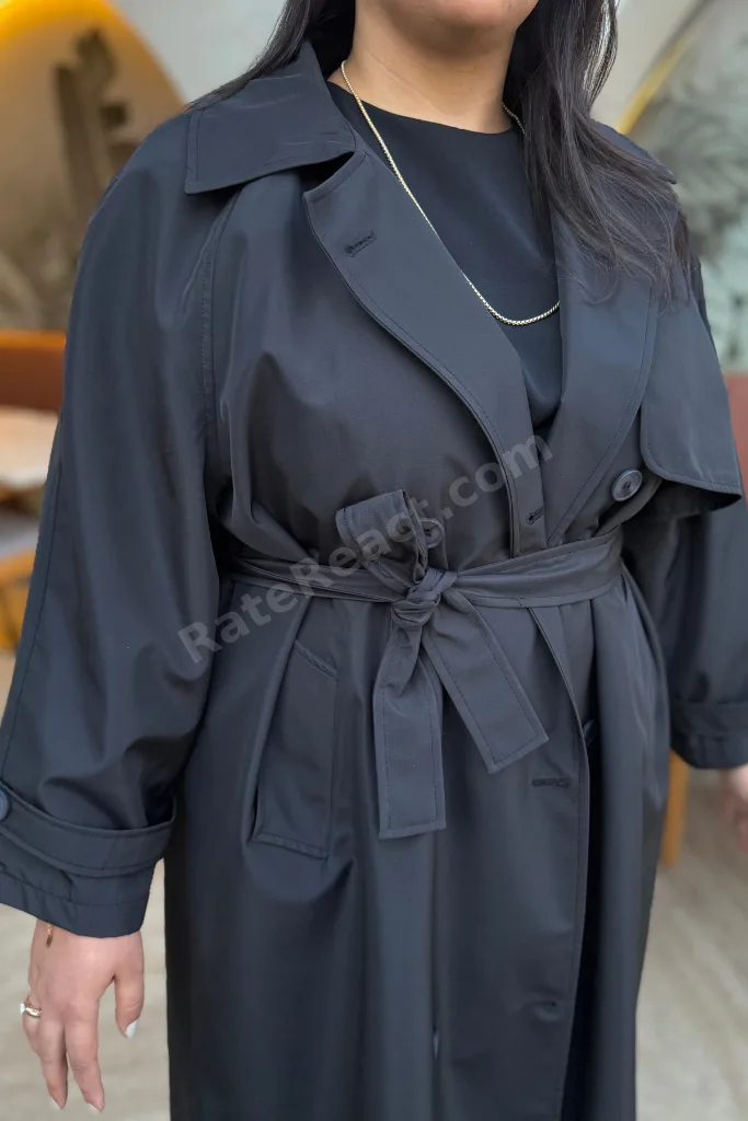 Kadın Oversize Kemerli Astarlı Trençkot-Büyük Beden Trençkot- Siyah- Geniş Beden aralığı