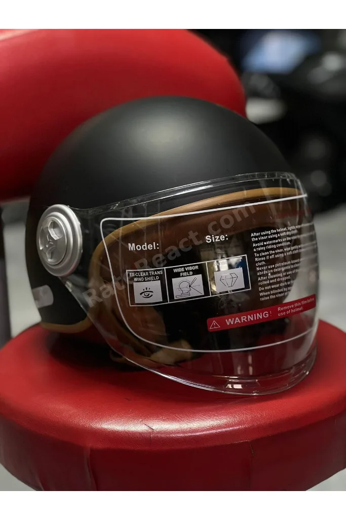Retro Açık Motosiklet Kaskı - Mat Siyah Kahverengi Deri Detaylı Şeffaf Vizörlü Scooter Kaskı