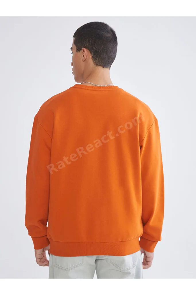 Turuncu Bisiklet Yaka Baskılı Erkek Kalın Sweatshirt