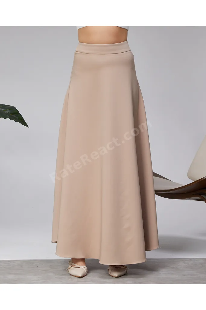 Krem Dabıl Kalın Crep Kumaş Godeli Uzun Etek