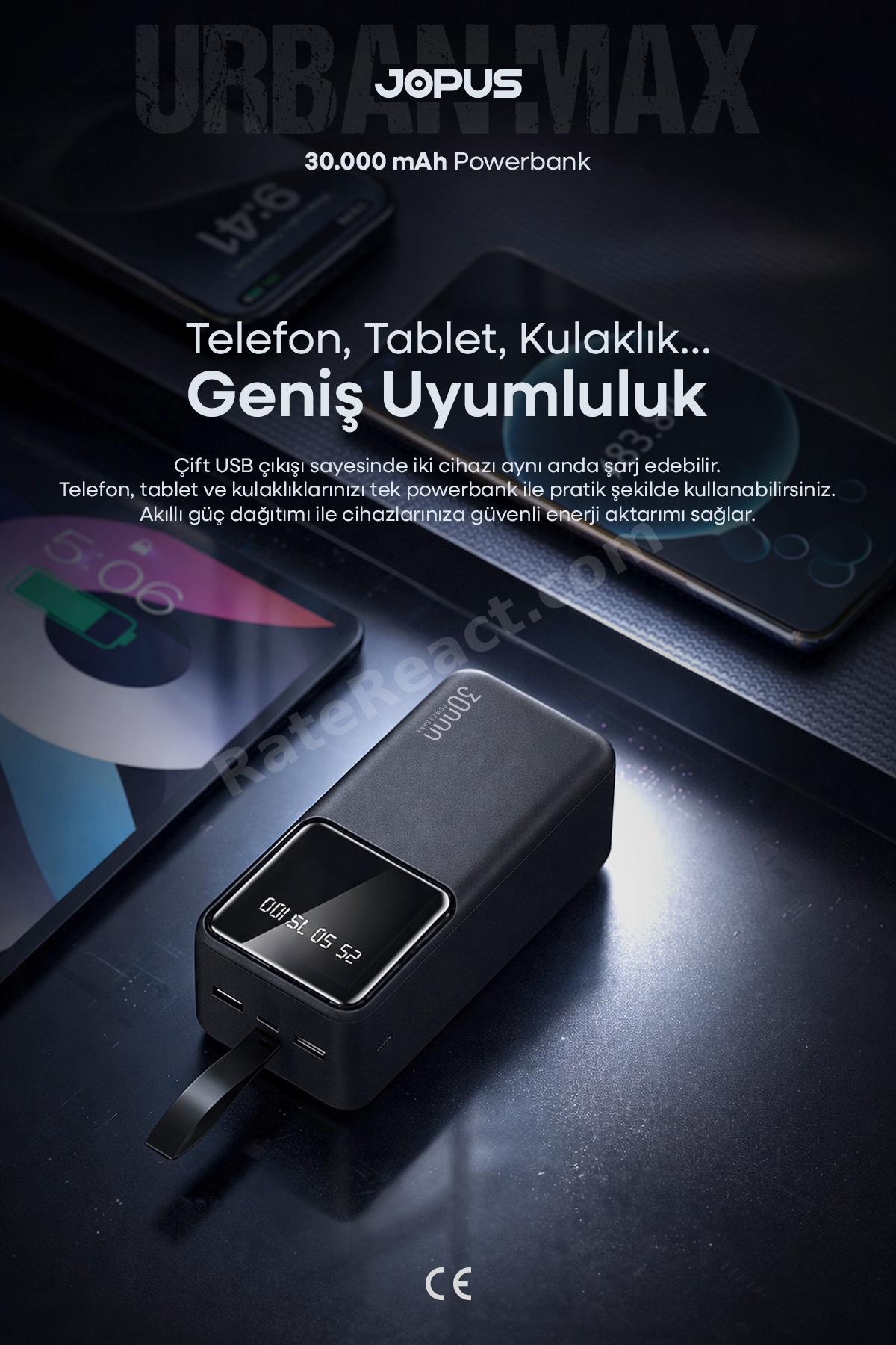 30000mAh Powerbank LCD Ekranlı Taşıma Askılı Güçlü Taşınabilir Şarj Cihazı Siyah JP-P12
