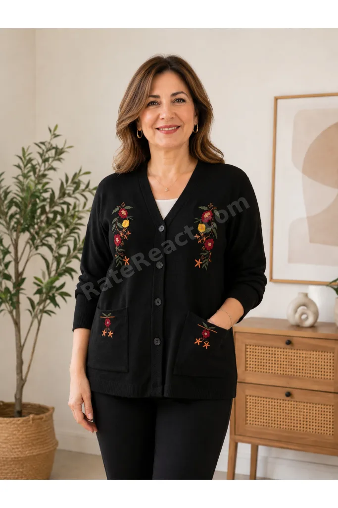 Çiçek İşlemeli Çelik Örme Hırka