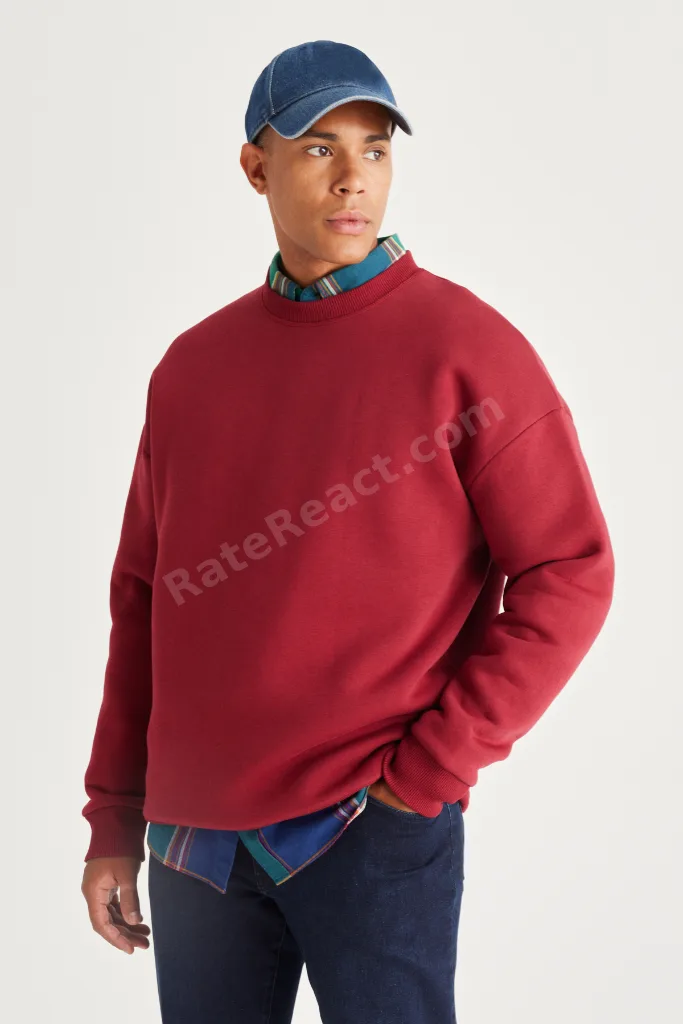 Bordo Oversize Bol Kesim Içi Polarlı 3 Iplik Bisiklet Yaka Pamuklu Sweatshirt