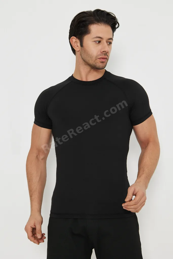Erkek Siyah Kolları Dar Kesim Compression Gym Fitness Spor T-shirt