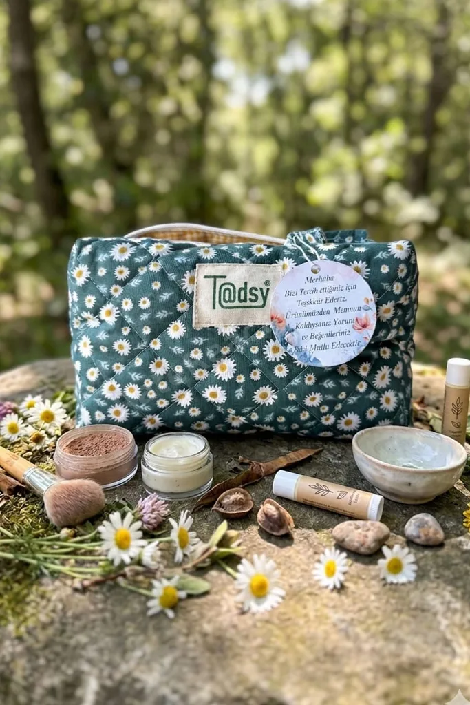 Papatya Desenli %100 Pamuk Makyaj ve Kozmetik Çantası | 22x12x10 cm | Seyahat Organizer