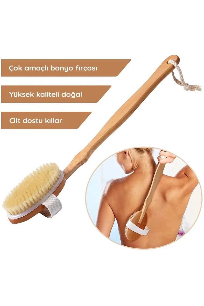 Doğal Ahşap Vücut Fırçası Uzun Saplı At Kılı Kuru Fırçalama Masaj Fırçası (Selülit & Peeling Etkili)