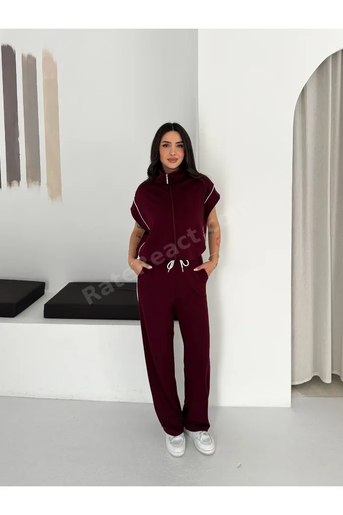 Kadın Modal Kumaş Garnili Sıfır Kol Dik Yaka Oversize Eşofman Takımı