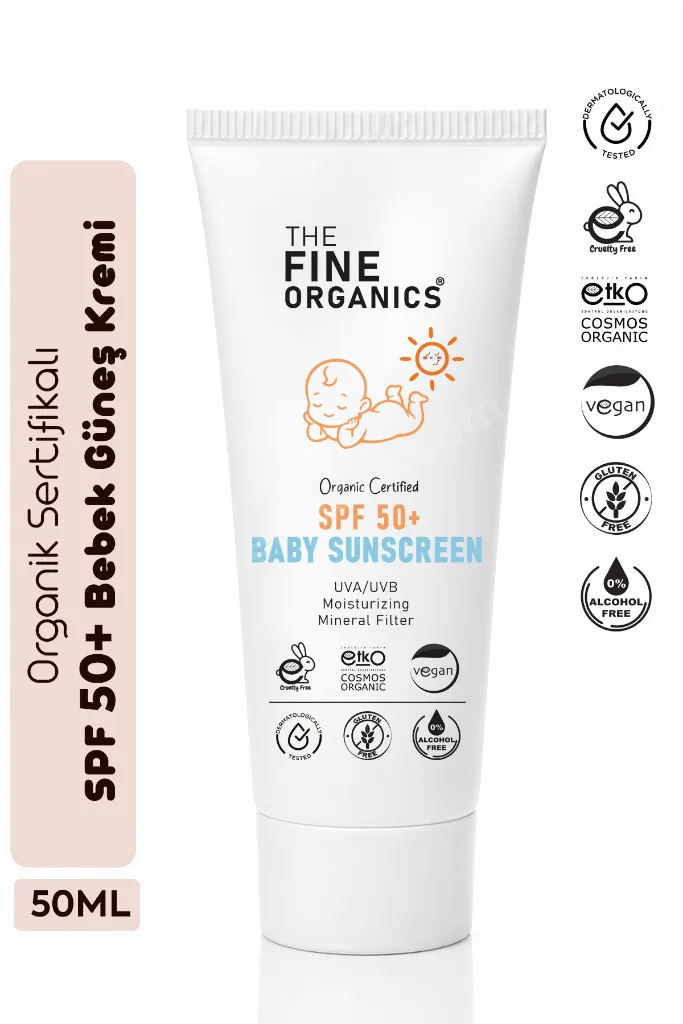 Organik Sertifikalı SPF 50+ UVA/UVB Mineral Filtreli Bebek Güneş Kremi, Vegan Güneş Kremi