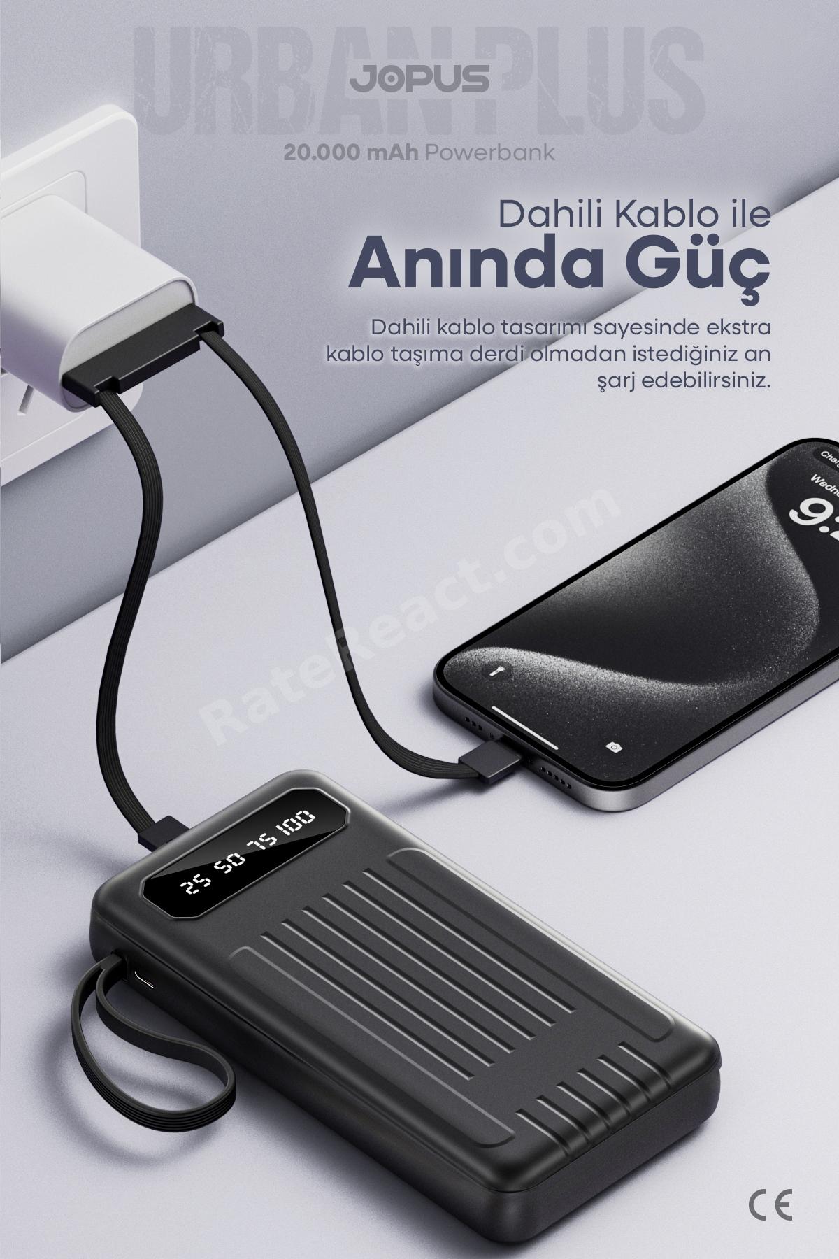 20000mAh PowerBank Dahili Kablolu, LCD Ekranlı, LED Lambalı, Taşınabilir Şarj Cihazı - Siyah JP-P11A