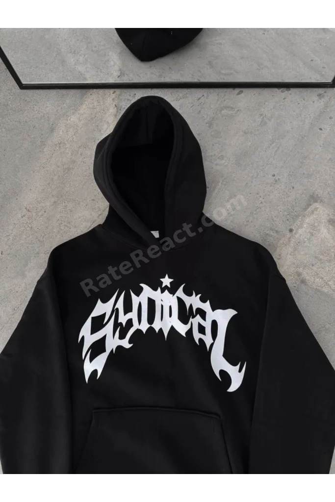 Kışlık Kapşonlu Baskılı Oversize SweatShirt- Siyah