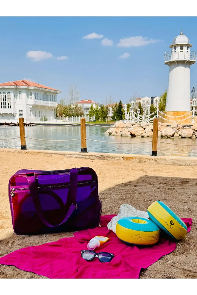 Neon Suni Deri & Renkli Şeffaf PVC Yıkanabilir Islak ve Kumlu Eşya Cebi Olan Plaj Çantası