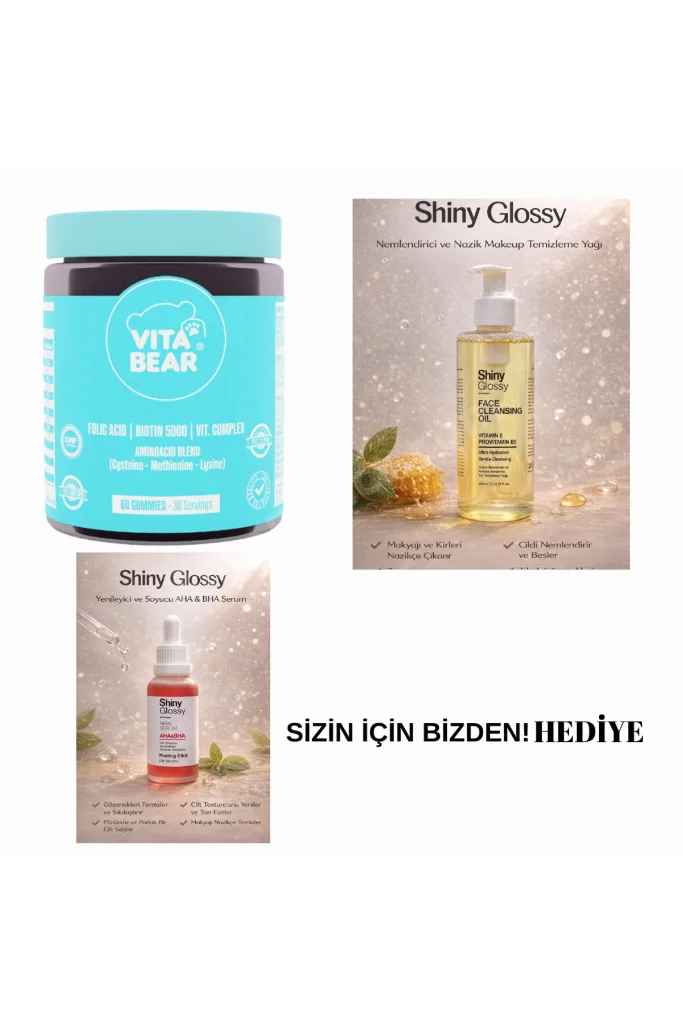 Vitabear Saç Vitamini 60 Adet +Yüz Temizleme Yağı 200 ml (AHA BHA Peeling Etkili Cilt Serumu 30 m)