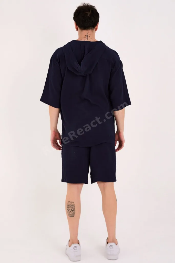%100 Pamuk Yazlık Oversize Kapüşonlu Lacivert Sweatshirt