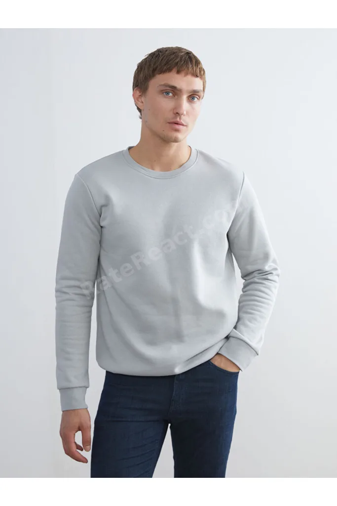 Gri Bisiklet Yaka Erkek Kalın Sweatshirt