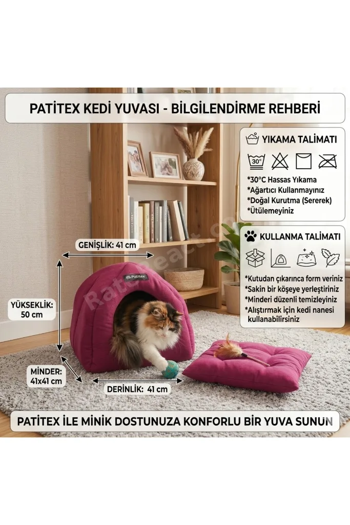 Mürdüm Serisi Kapalı Kedi Yuvası - Yumuşak Dokulu & Ekstra Minderl 41x41x50